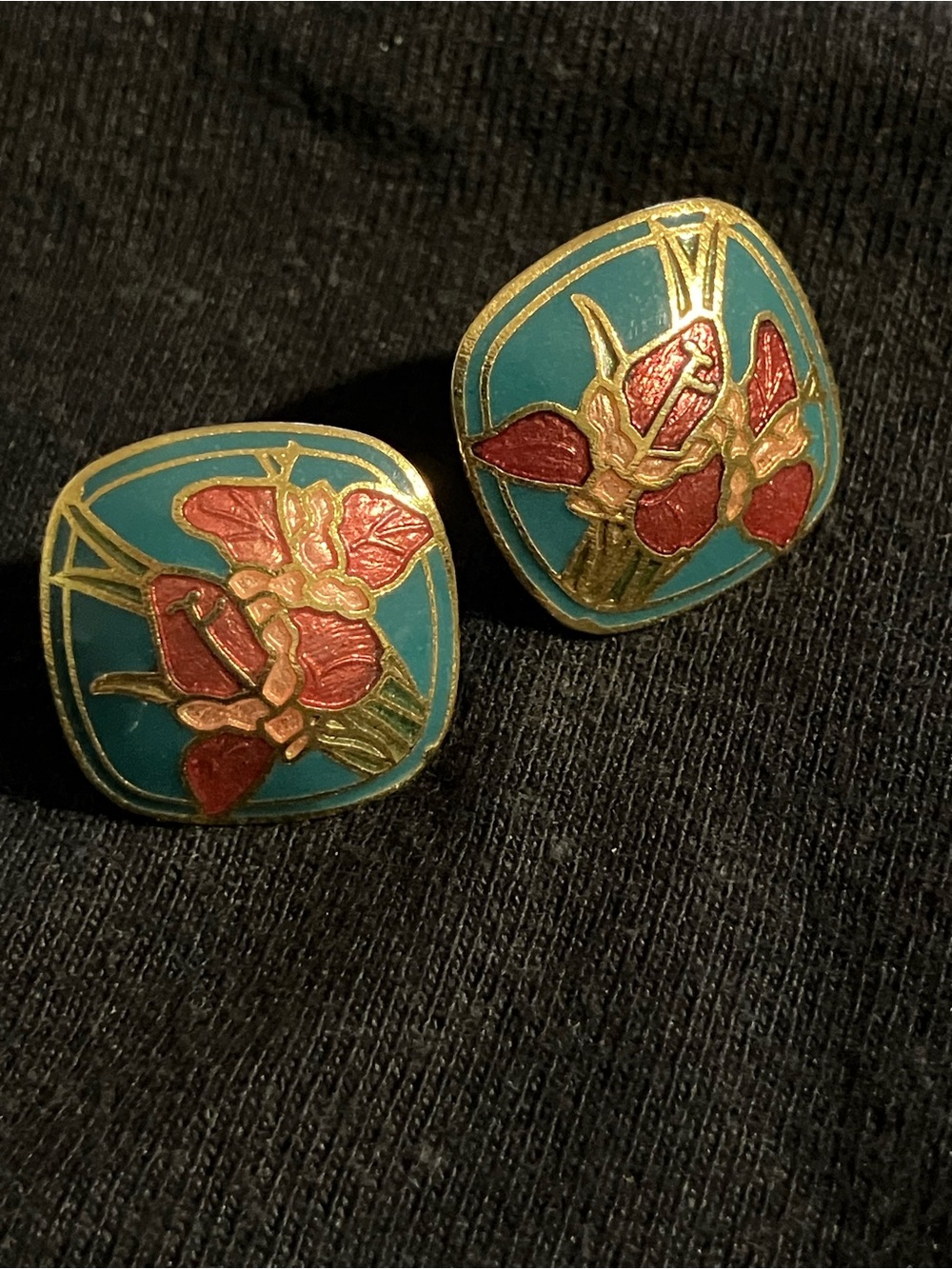 Gold-Tone Floral Enamel Cloisonné Earrings in Teal and Red